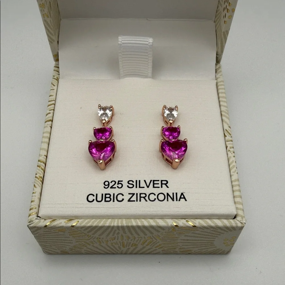 Rachel Zoe 925 Silver Pink Heart Cubic Zirconia Dangle Earrings Gift Boxed